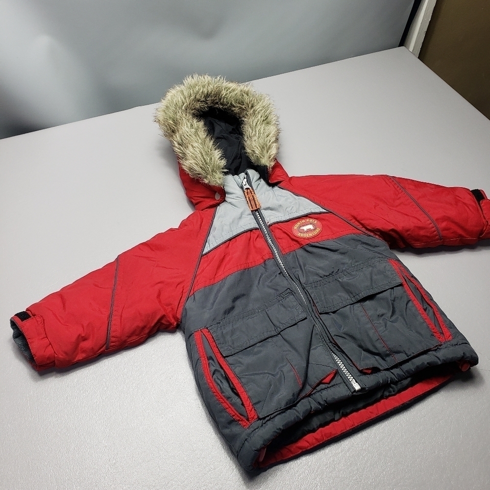 Kiks baby boys size 18M red and gray winter jacket with removable hood
